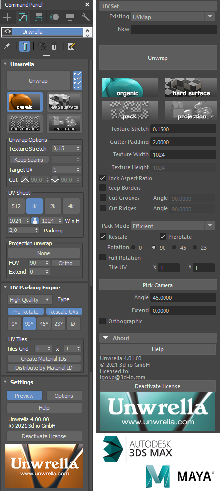 Unwrella User Interface 3dsMax Maya